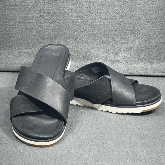 UGG Shoes - UGG‎ Cross Strap Leather Slides Sandals Womens Platform Black Casual Comfort
